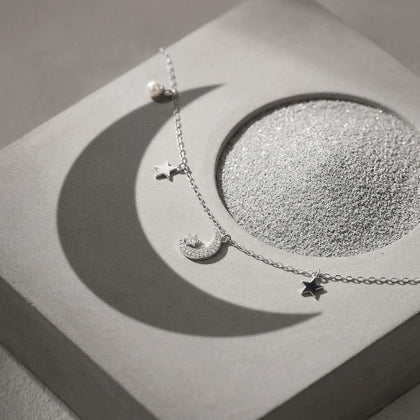 Moon & Star Charm 925 Sterling Silver Bracelet for Women