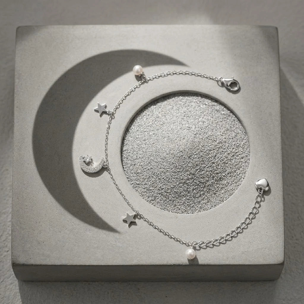 Moon & Star Charm 925 Sterling Silver Bracelet for Women