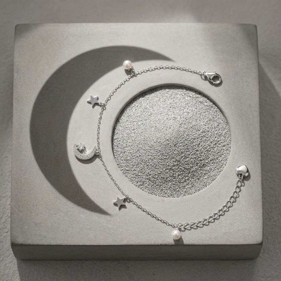 Moon & Star Charm 925 Sterling Silver Bracelet for Women