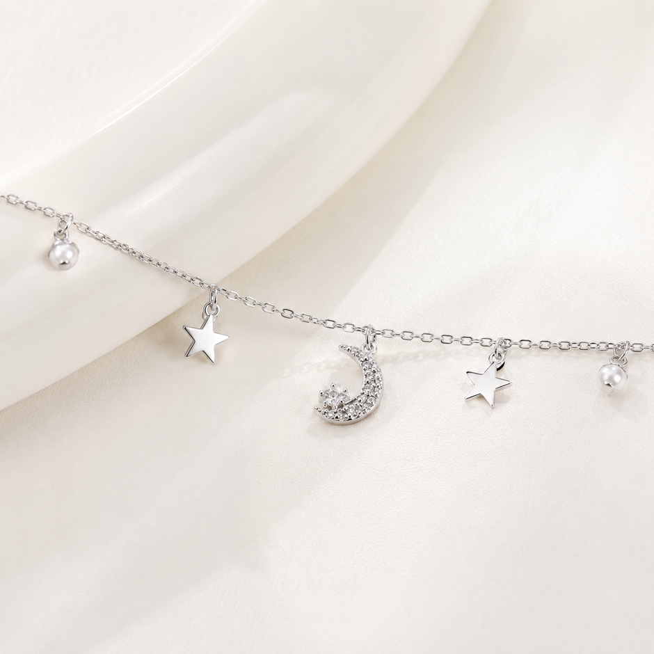 Moon & Star Charm 925 Sterling Silver Bracelet for Women