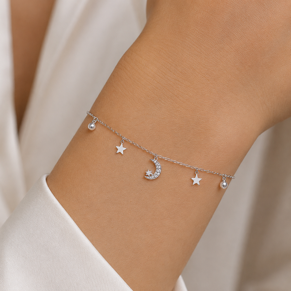 Moon & Star Charm 925 Sterling Silver Bracelet for Women