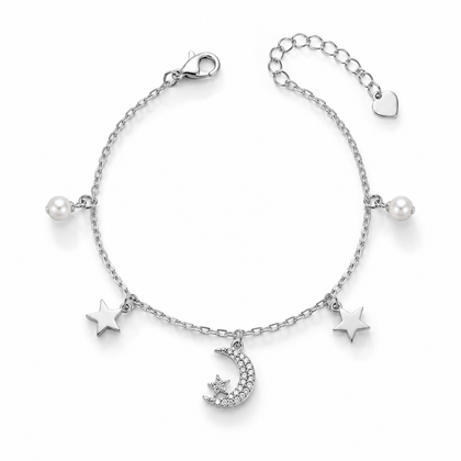 Moon & Star Pearl 925 Sterling Silver Bracelet for Women