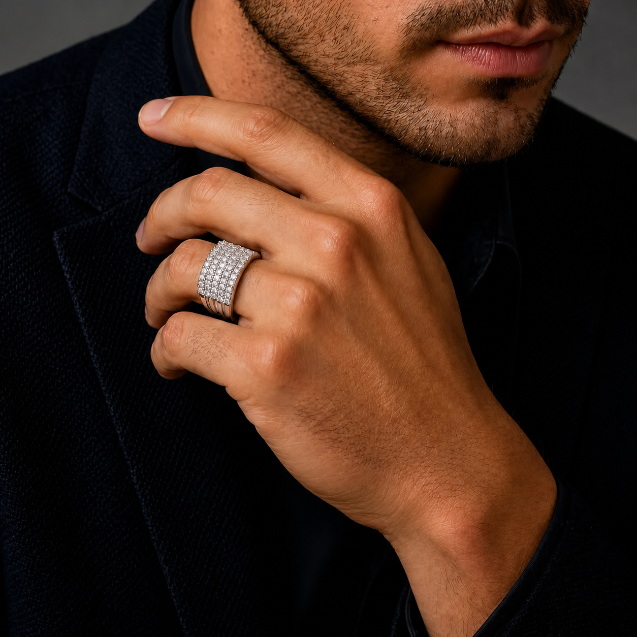 925 sterling silver men’s multi-row CZ dome statement ring