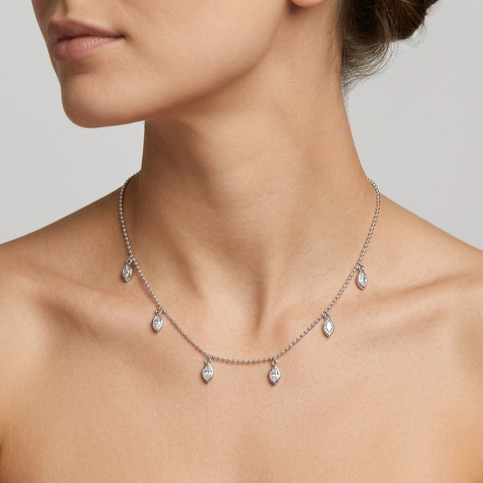 Multi Marquise Leaf Sparkle 925 Sterling Silver Pendant Chain for Women