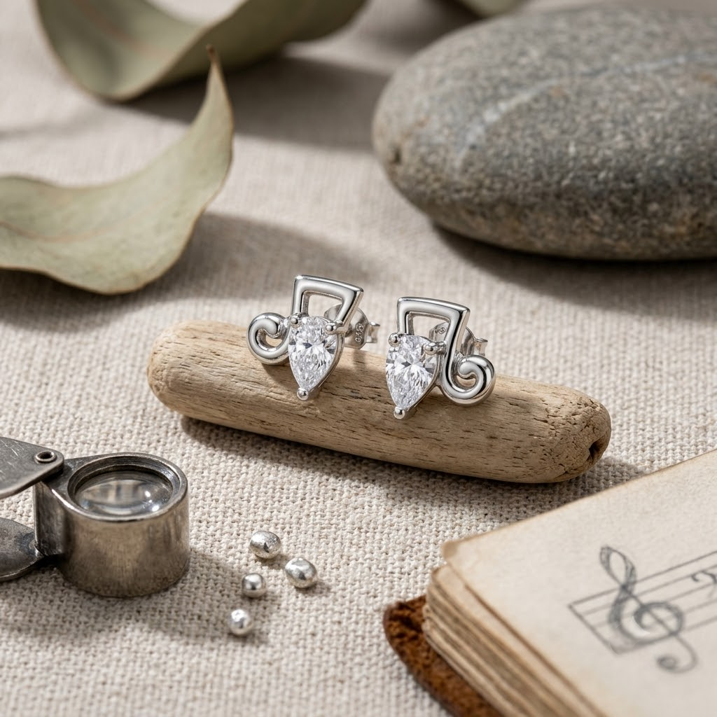Musical Note Pear CZ Design 925 Sterling Silver Stud Earrings for Women