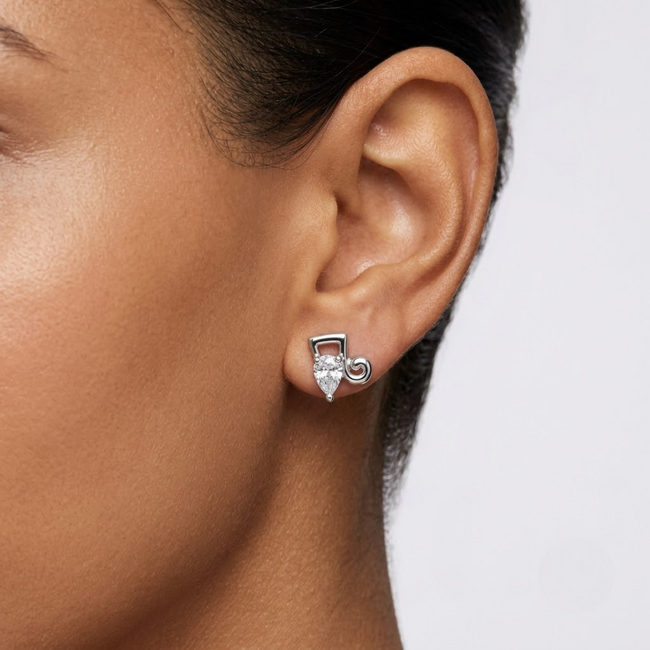 Musical Note Pear CZ Design 925 Sterling Silver Stud Earrings for Women