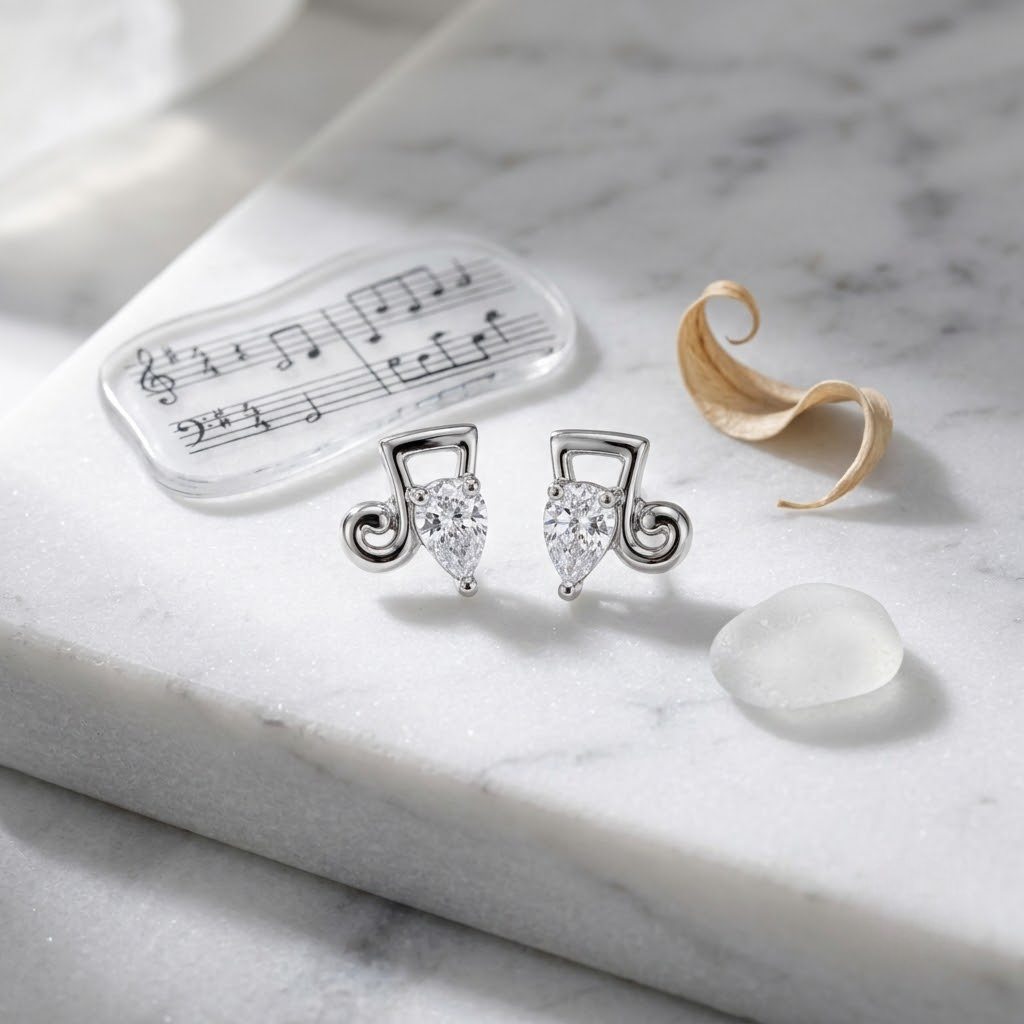 Musical Note Pear CZ Design 925 Sterling Silver Stud Earrings for Women