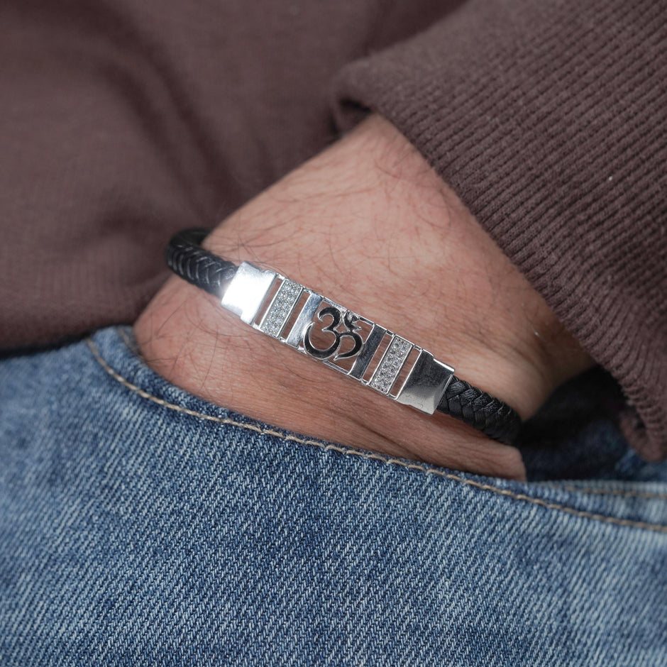 Black Braided Leather Om CZ 925 Sterling Silver Bracelet for Men
