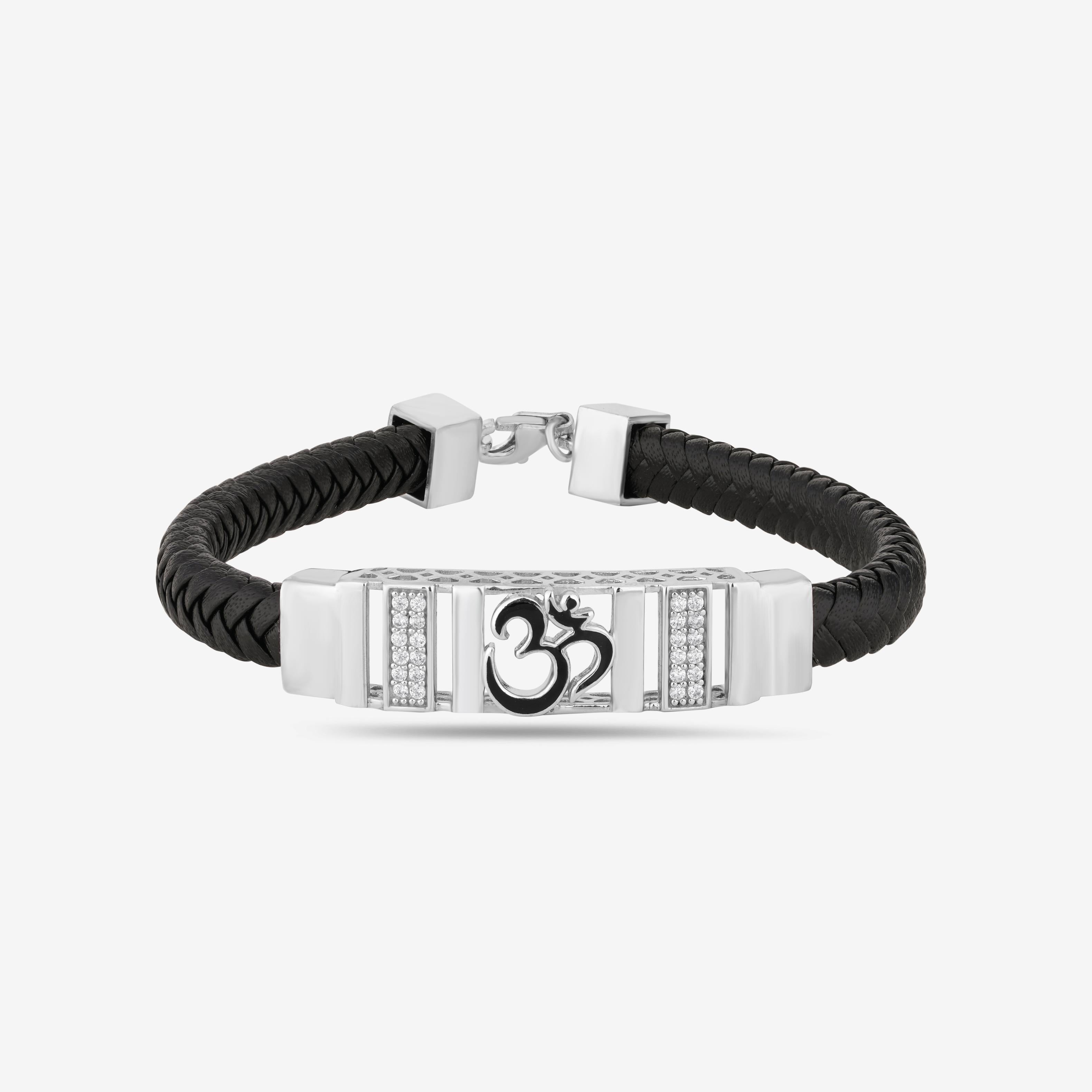 Black Braided Leather Om CZ 925 Sterling Silver Bracelet for Men