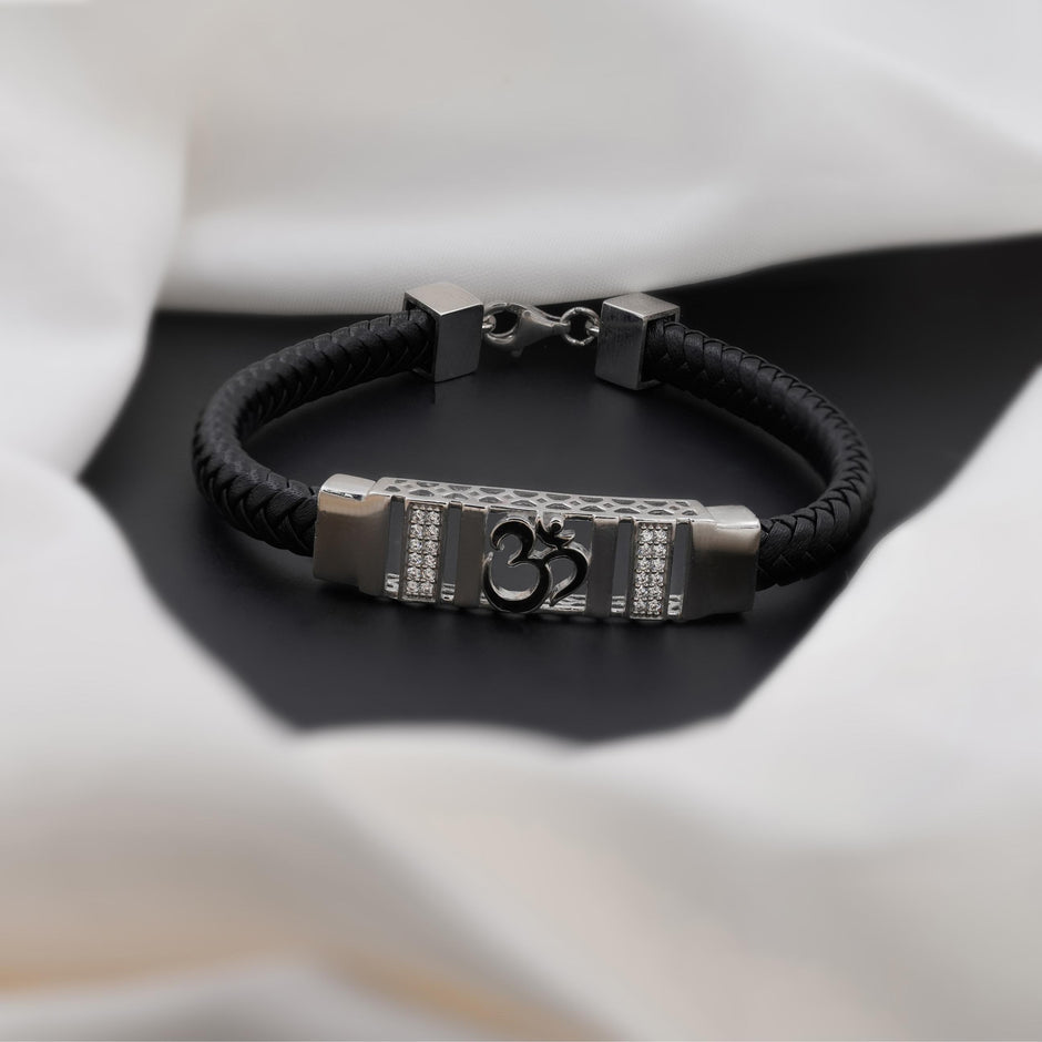 Black Braided Leather Om CZ 925 Sterling Silver Bracelet for Men