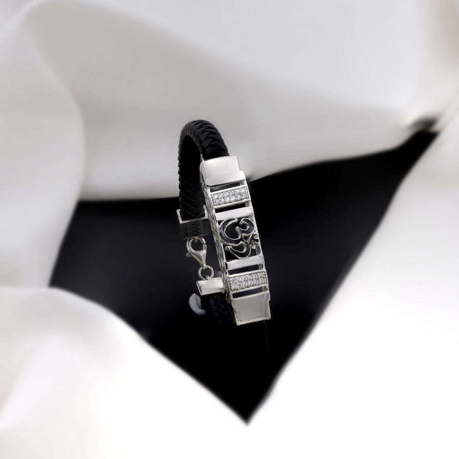 Black Braided Leather Om CZ 925 Sterling Silver Bracelet for Men