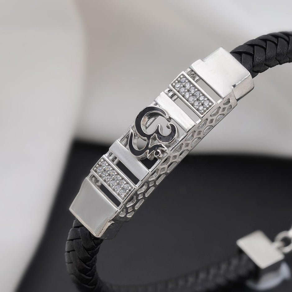 Black Braided Leather Om CZ 925 Sterling Silver Bracelet for Men