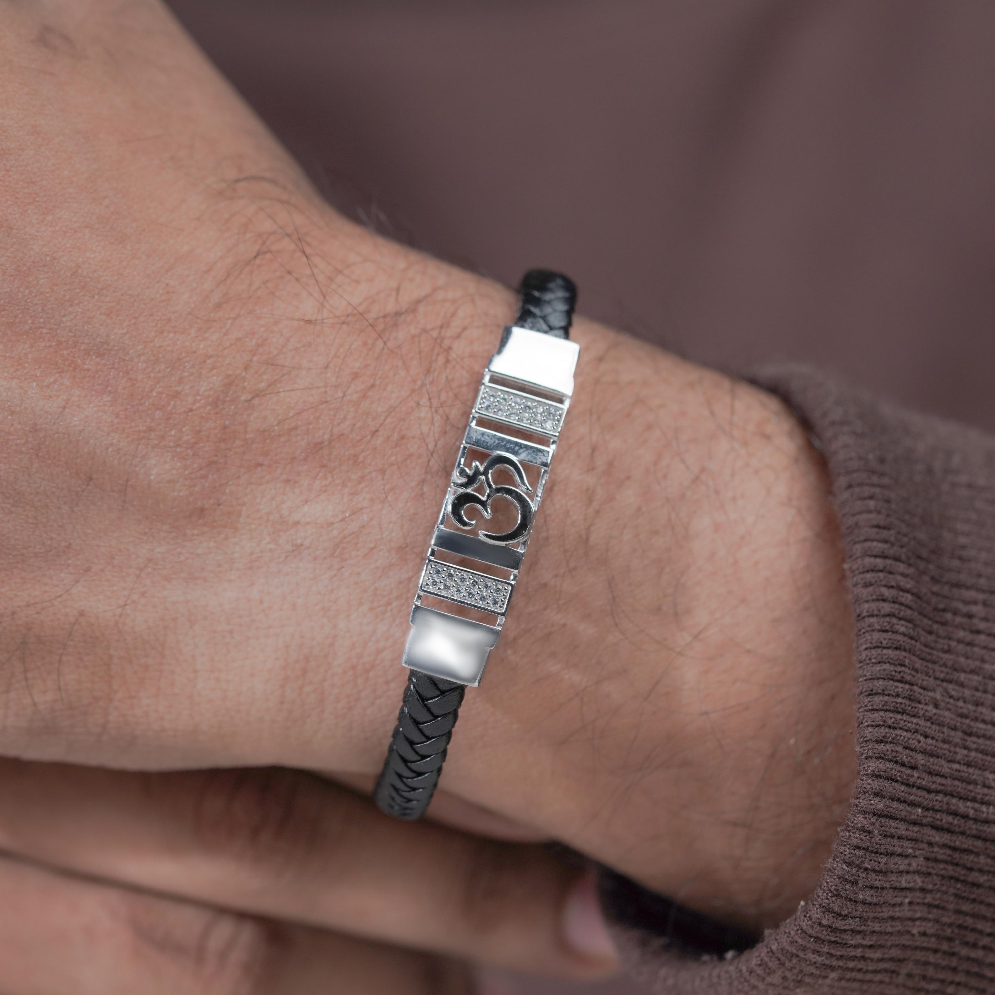 Black Braided Leather Om CZ 925 Sterling Silver Bracelet for Men