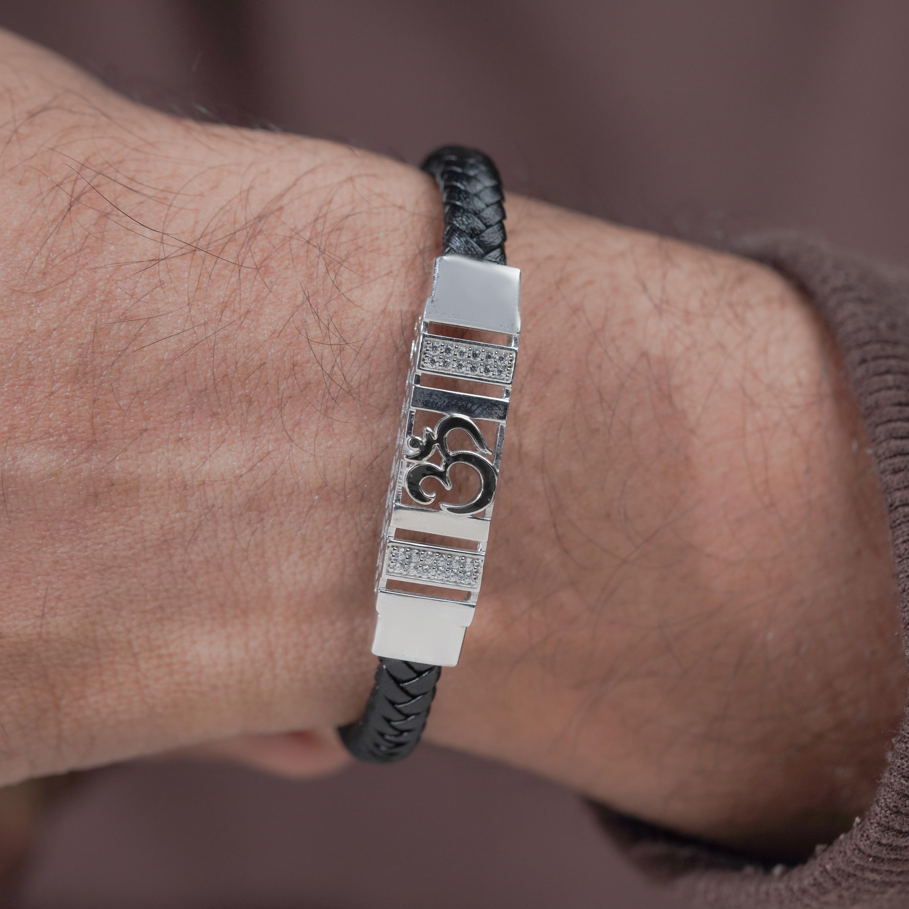 Black Braided Leather Om CZ 925 Sterling Silver Bracelet for Men