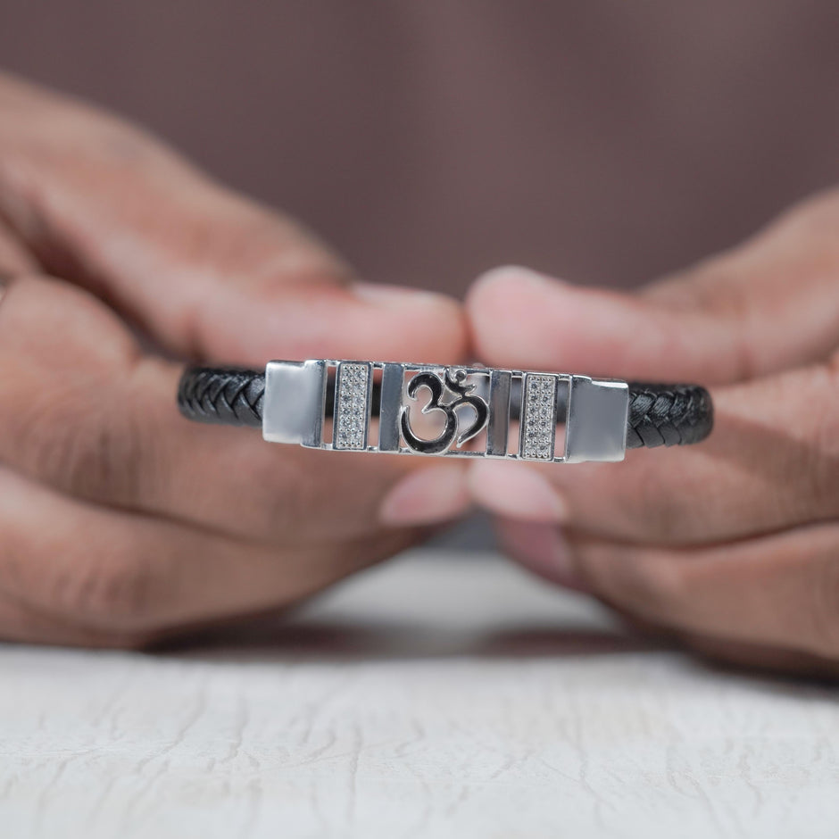 Black Braided Leather Om CZ 925 Sterling Silver Bracelet for Men