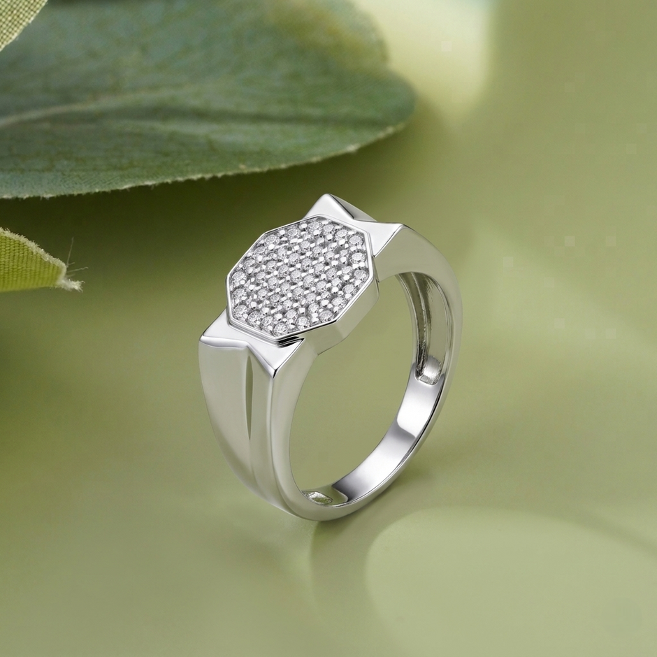 Octagonal CZ Top 925 Sterling Silver Men's Modern Statement Ring