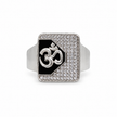 Silver ring with an Om symbol on a black centre and square stone-studded border.