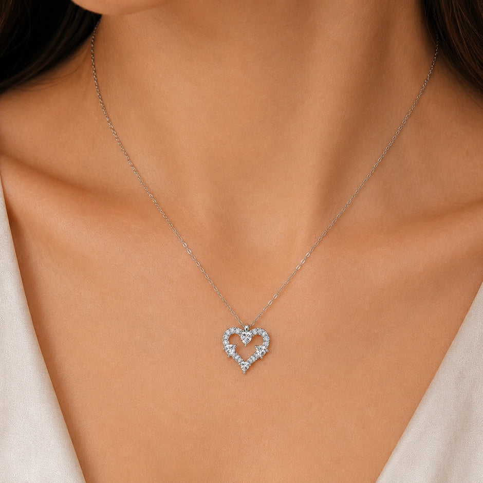 Open Heart Diamond 925 Sterling Silver Pendant Chain for Women