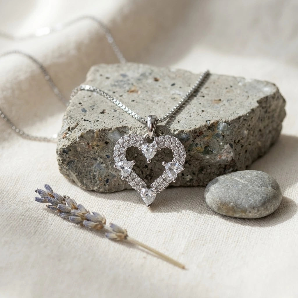 Open Heart Diamond 925 Sterling Silver Pendant Chain for Women