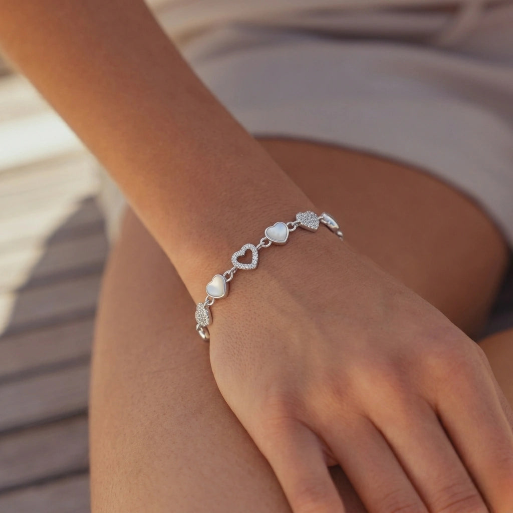 Silver 925 sterling silver heart charm bracelet for women