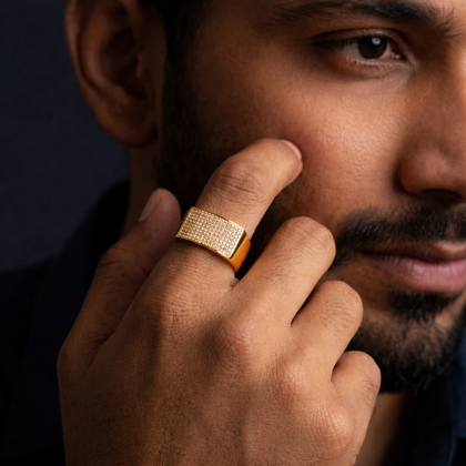 Gold Finish Square Diamond-Look 925 Silver Ring for Men