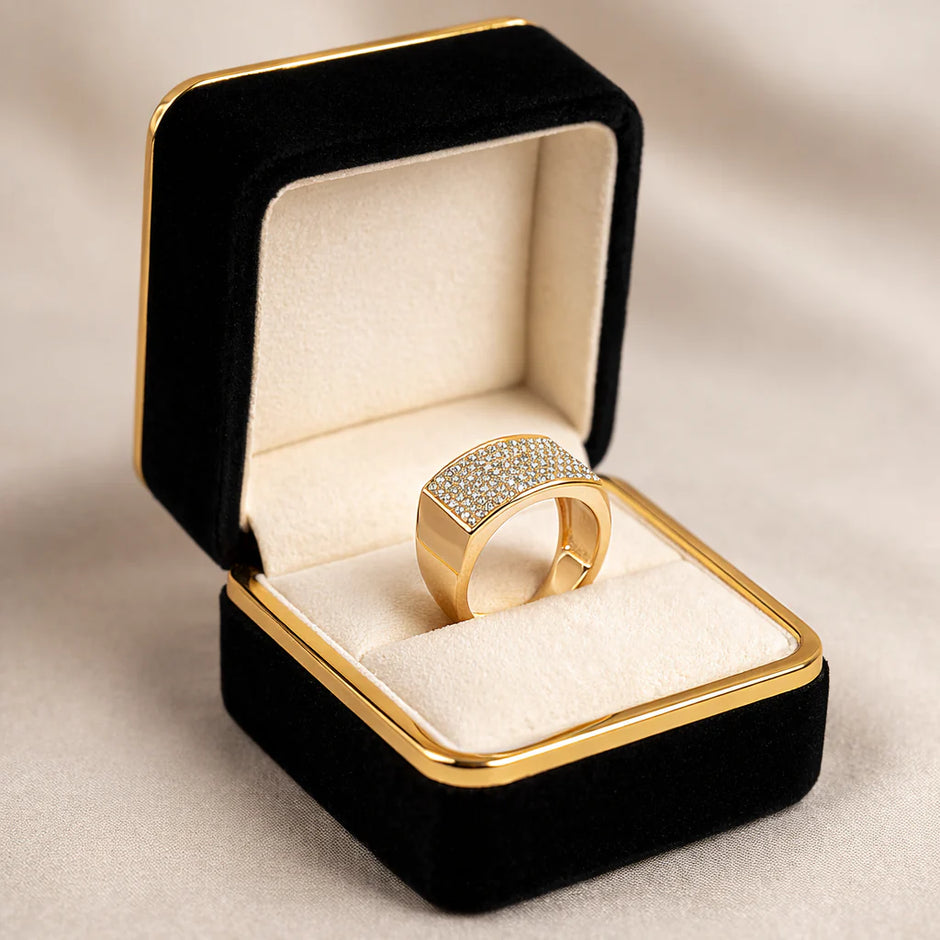 Gold Finish Square Diamond-Look 925 Silver Ring for Men