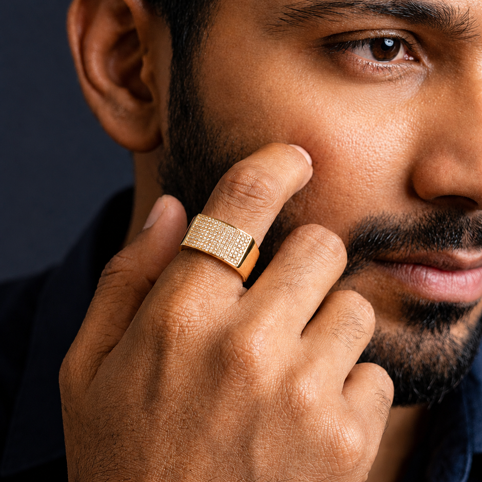 Gold Finish Square Diamond-Look 925 Silver Ring for Men