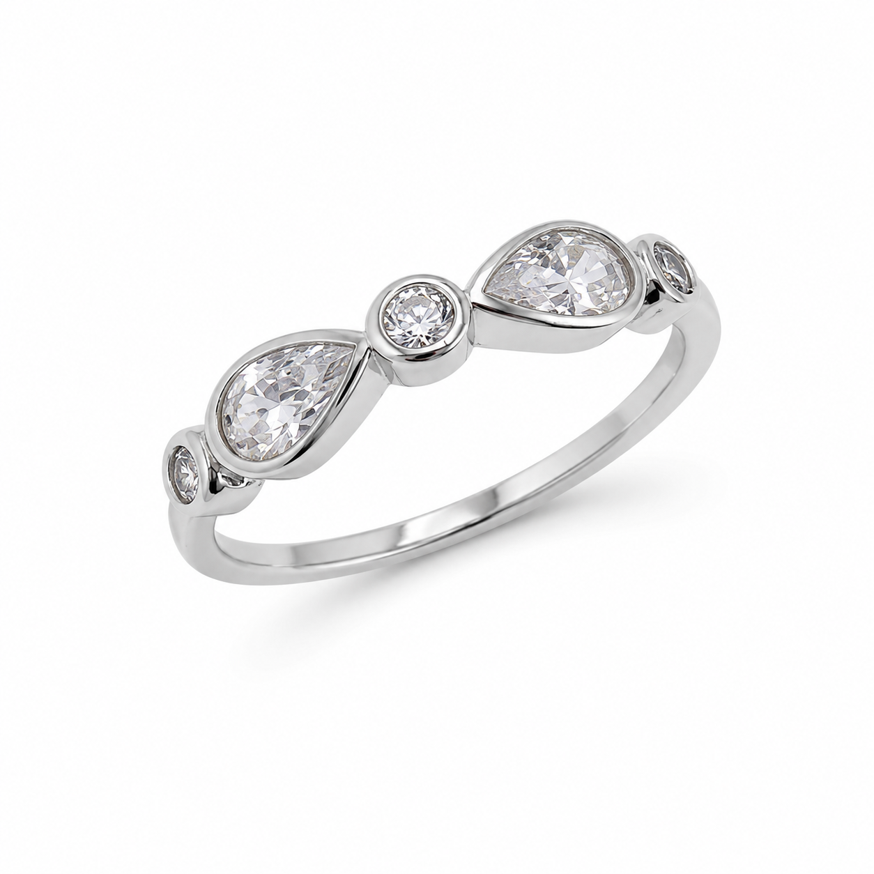925 Sterling Silver Bezel-Set Pear and Round CZ Band Ring.
