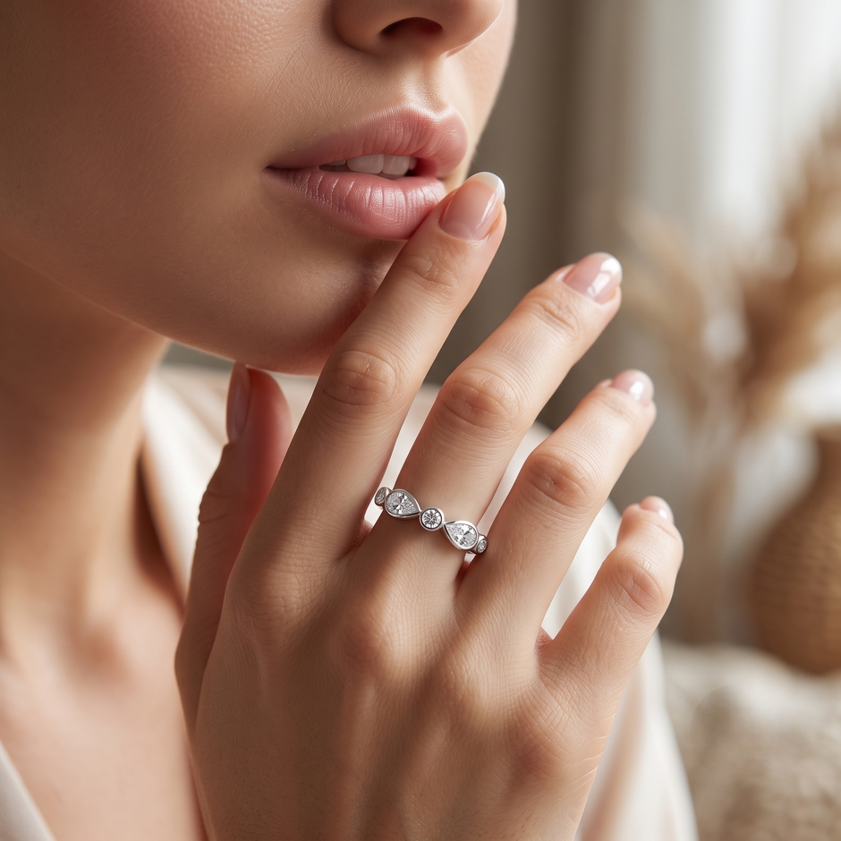 925 Sterling Silver Bezel-Set Pear and Round CZ Band Ring.