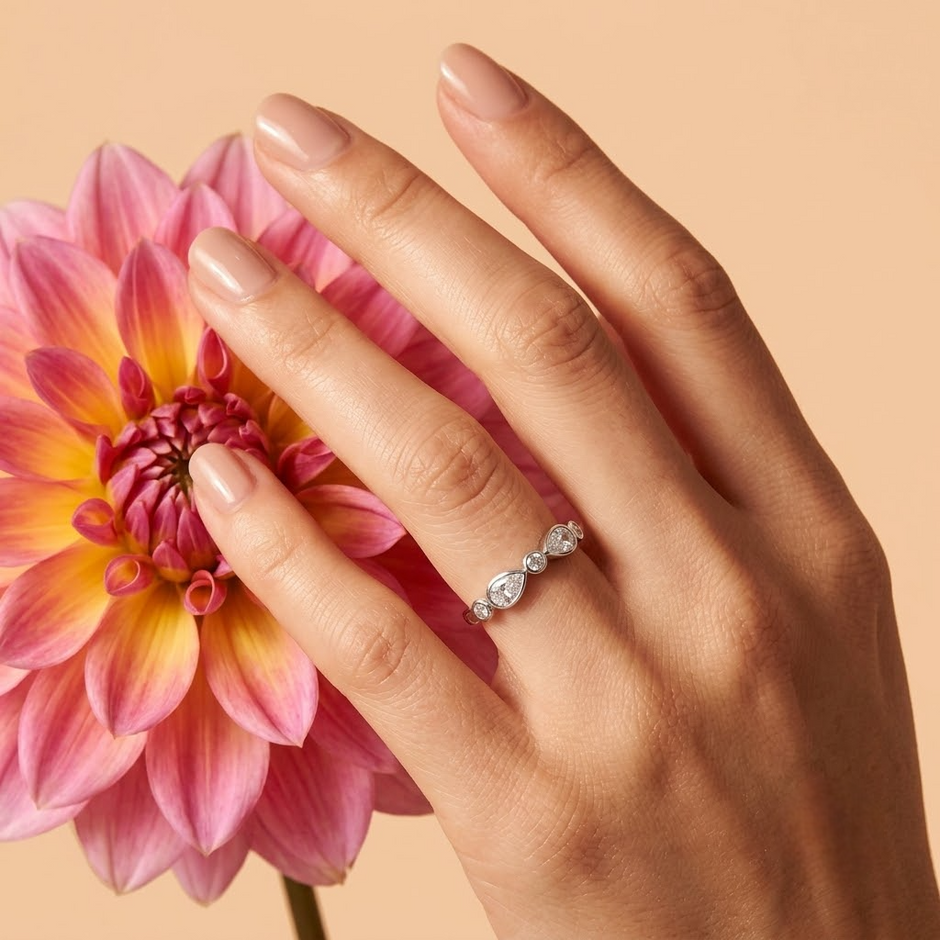 925 Sterling Silver Bezel-Set Pear and Round CZ Band Ring.