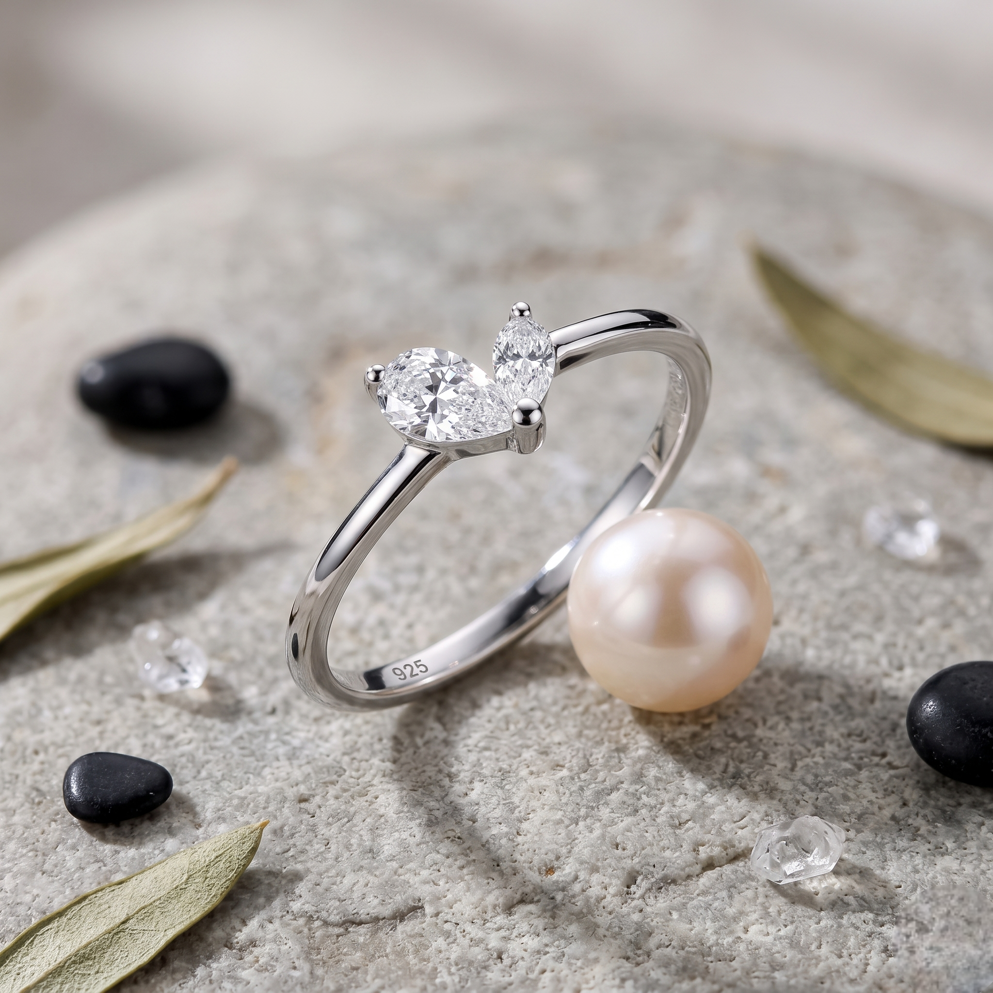 925 Sterling Silver Heart Open Ring with Heart and Marquise CZ Stones
