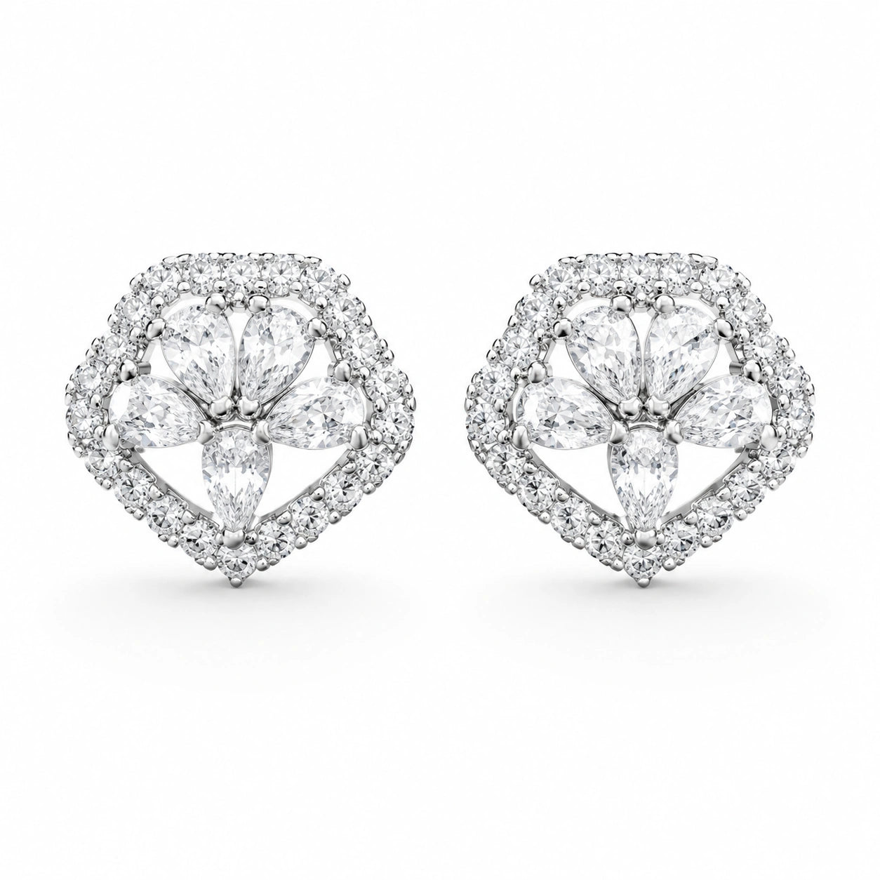 Pear Drop Floral Diamond 925 Sterling Silver Stud Earrings for Women