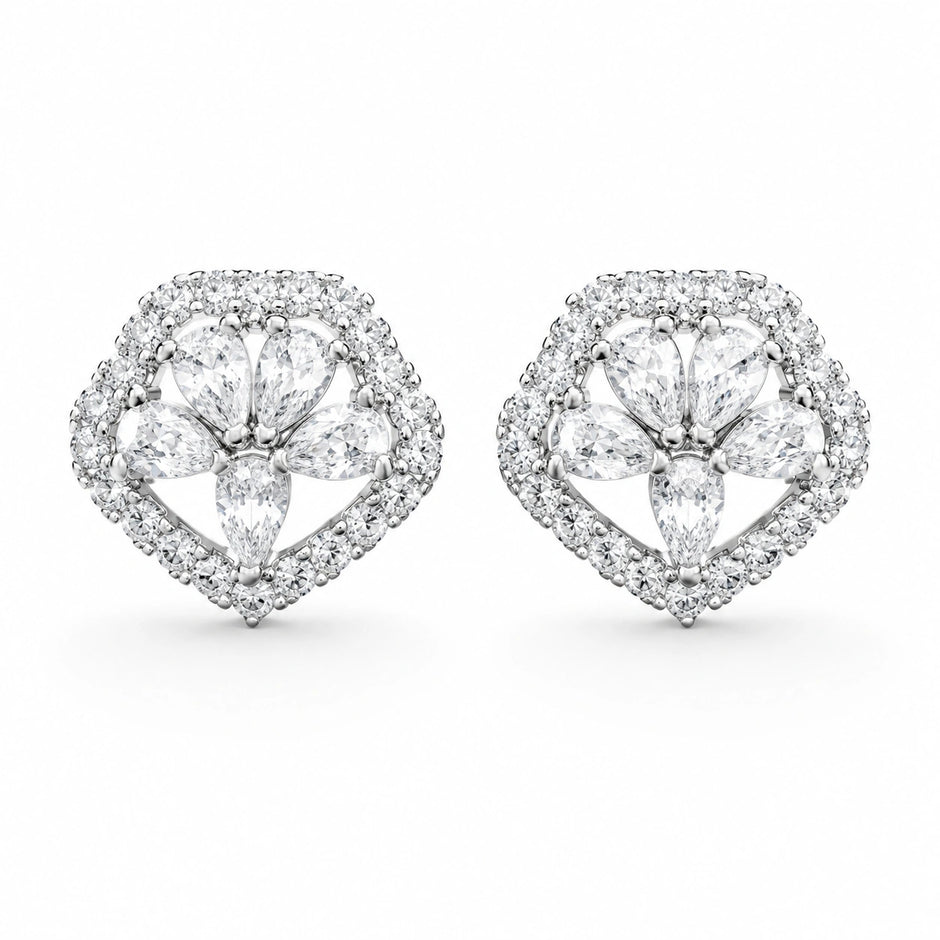 Pear Drop Floral Diamond 925 Sterling Silver Stud Earrings for Women