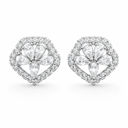 925 Sterling Silver Floral Hexagon Stud Earrings with Cubic Zirconia for Women