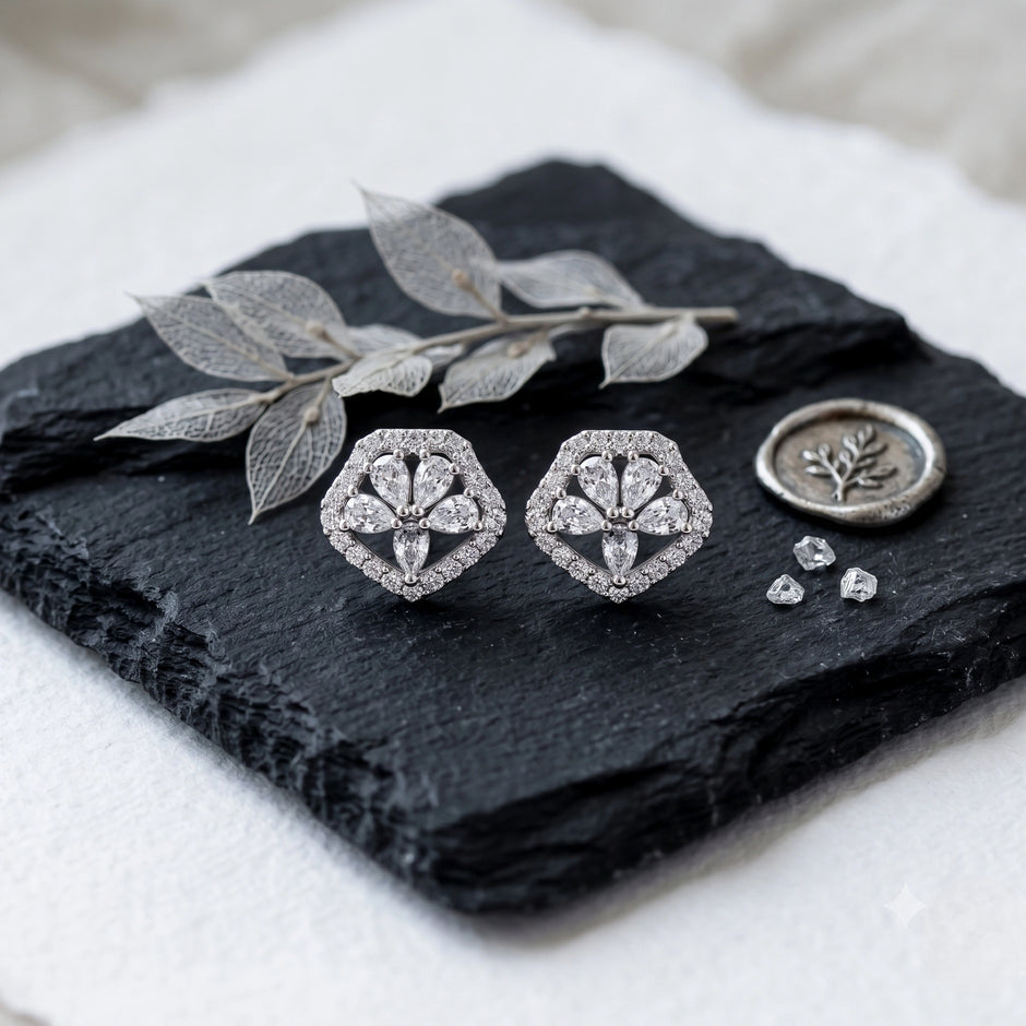 Pear Drop Floral Diamond 925 Sterling Silver Stud Earrings for Women
