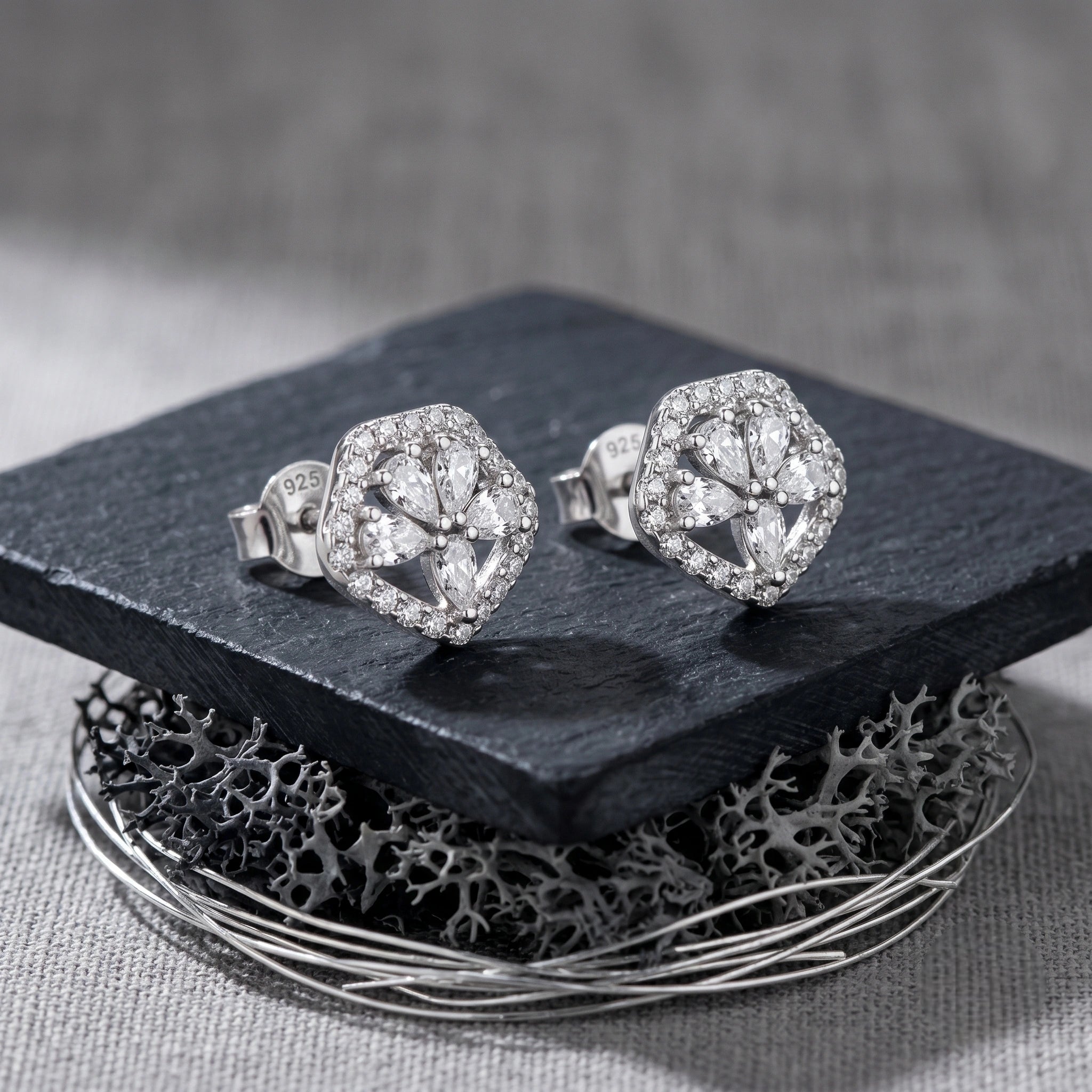 Pear Drop Floral Diamond 925 Sterling Silver Stud Earrings for Women