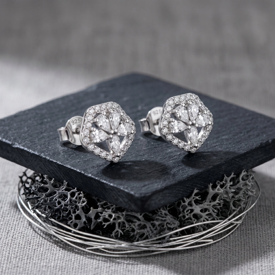 Pear Drop Floral Diamond 925 Sterling Silver Stud Earrings for Women