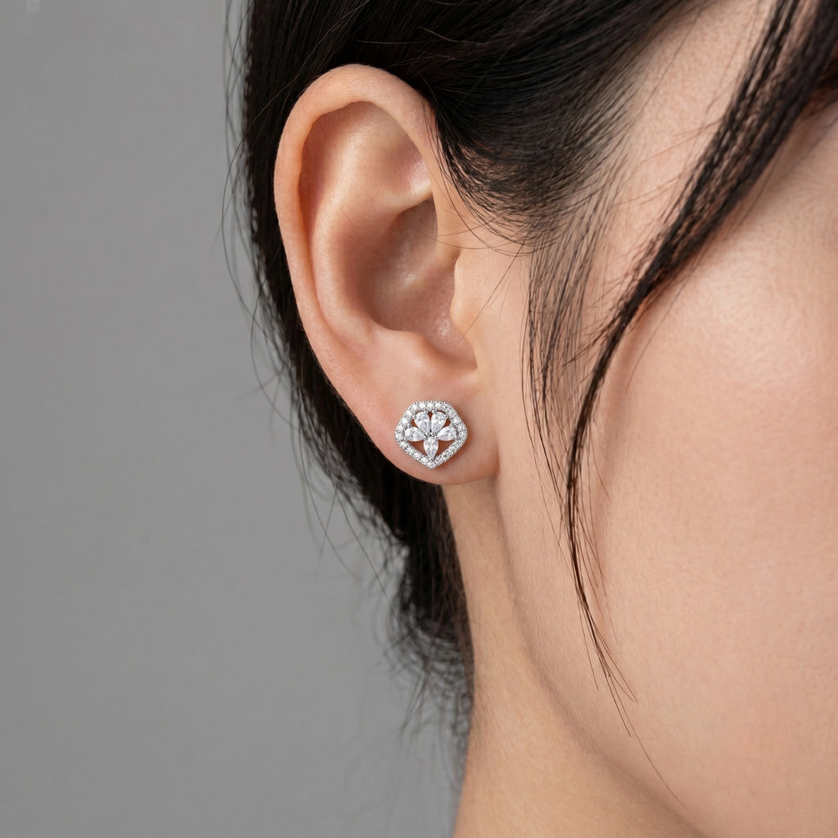 Pear Drop Floral Diamond 925 Sterling Silver Stud Earrings for Women