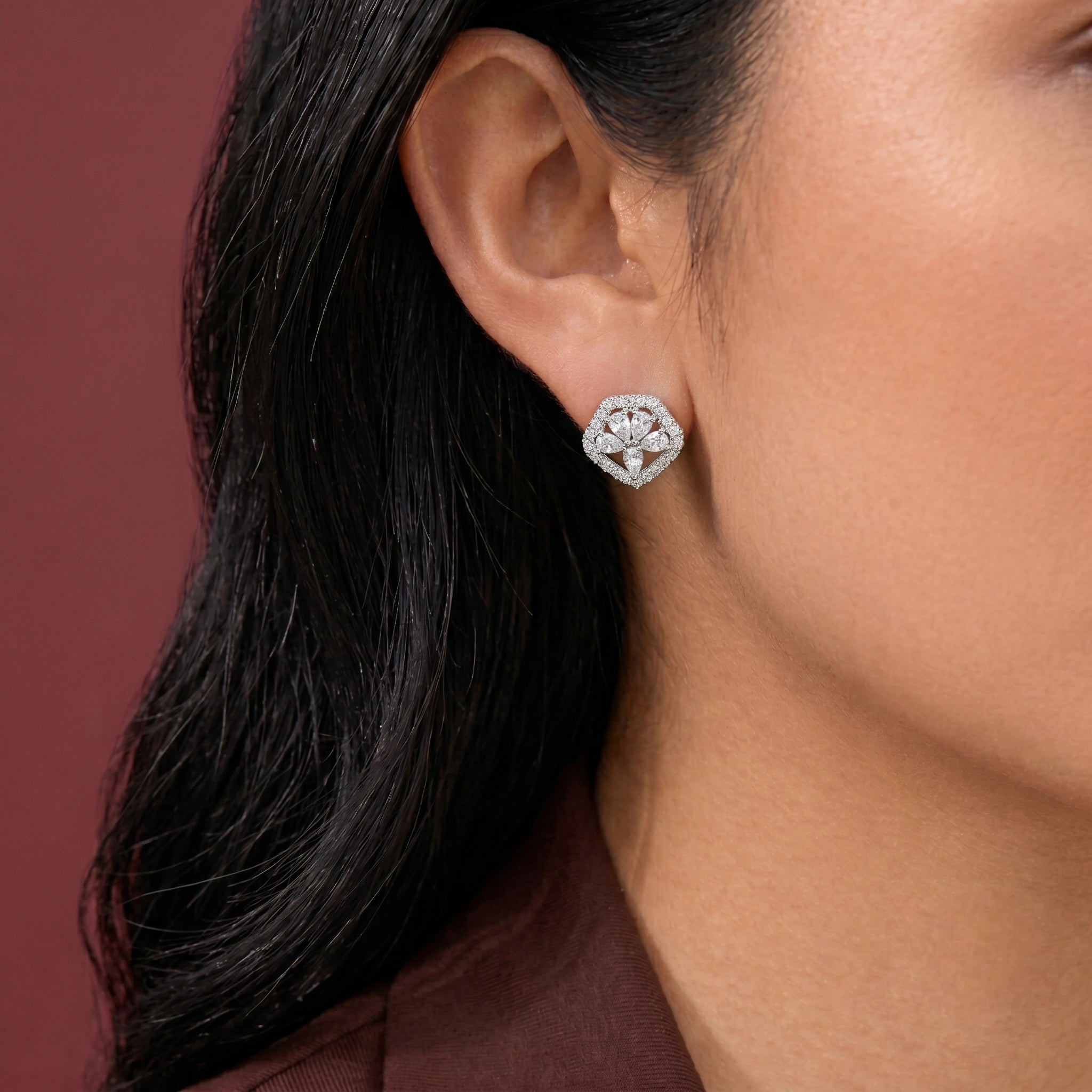 Pear Drop Floral Diamond 925 Sterling Silver Stud Earrings for Women