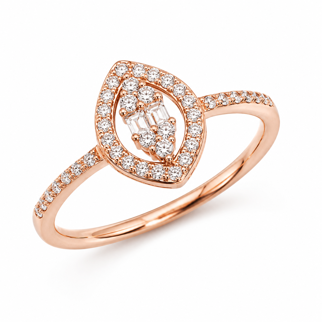 925 Sterling Silver Rose Gold Pear Halo Evil Eye CZ Ring