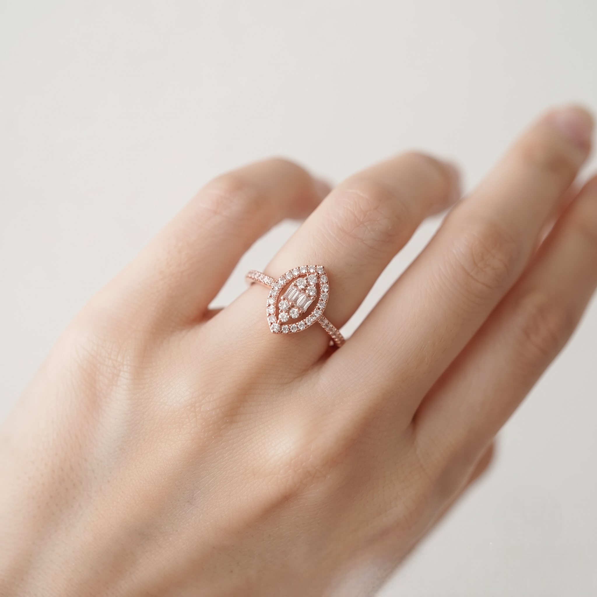 925 Sterling Silver Rose Gold Pear Halo Evil Eye CZ Ring