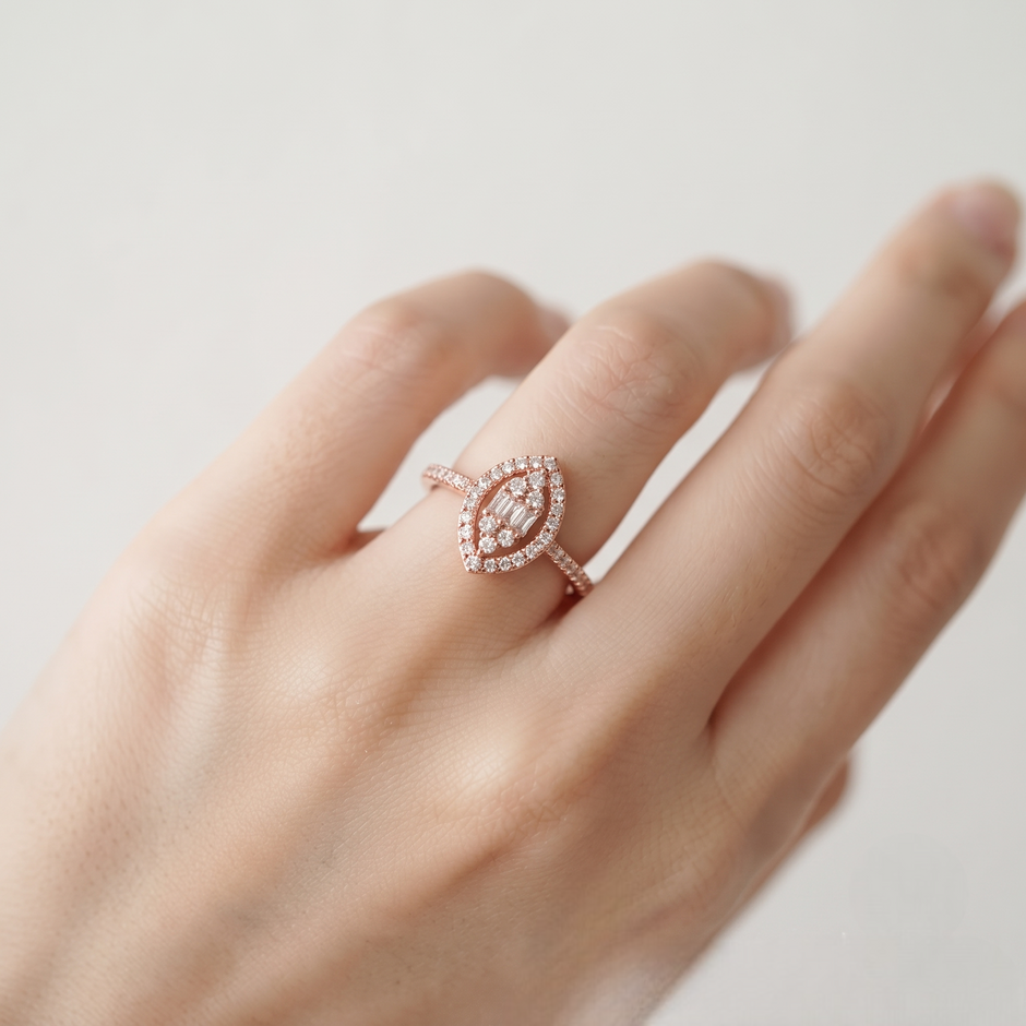 925 Sterling Silver Rose Gold Pear Halo Evil Eye CZ Ring