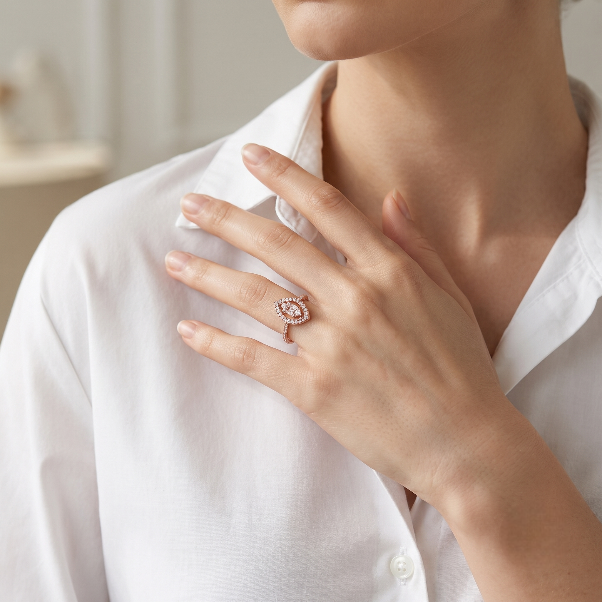 925 Sterling Silver Rose Gold Pear Halo Evil Eye CZ Ring