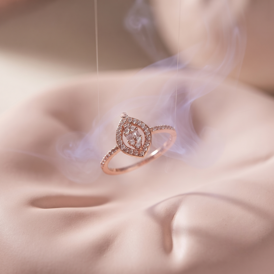 925 Sterling Silver Rose Gold Pear Halo Evil Eye CZ Ring