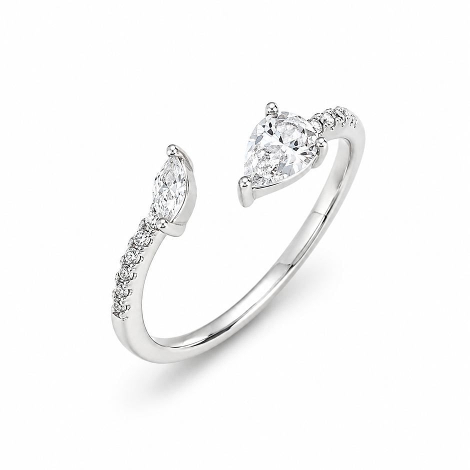 925 Sterling Silver Dual Pear CZ Open Ring