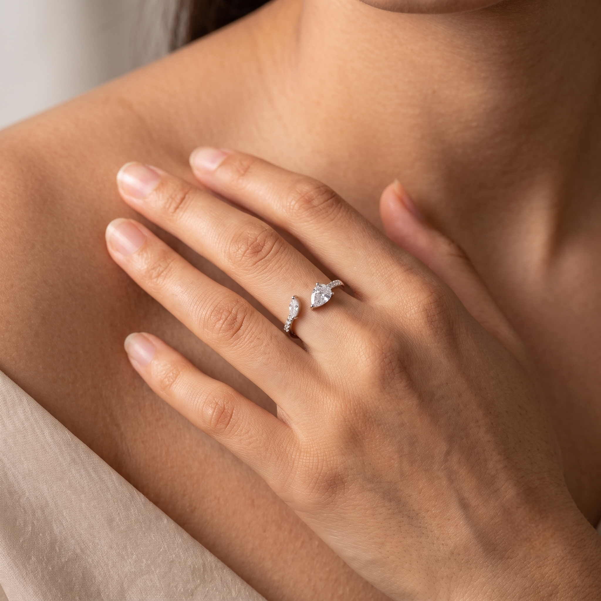 925 Sterling Silver Dual Pear CZ Open Ring