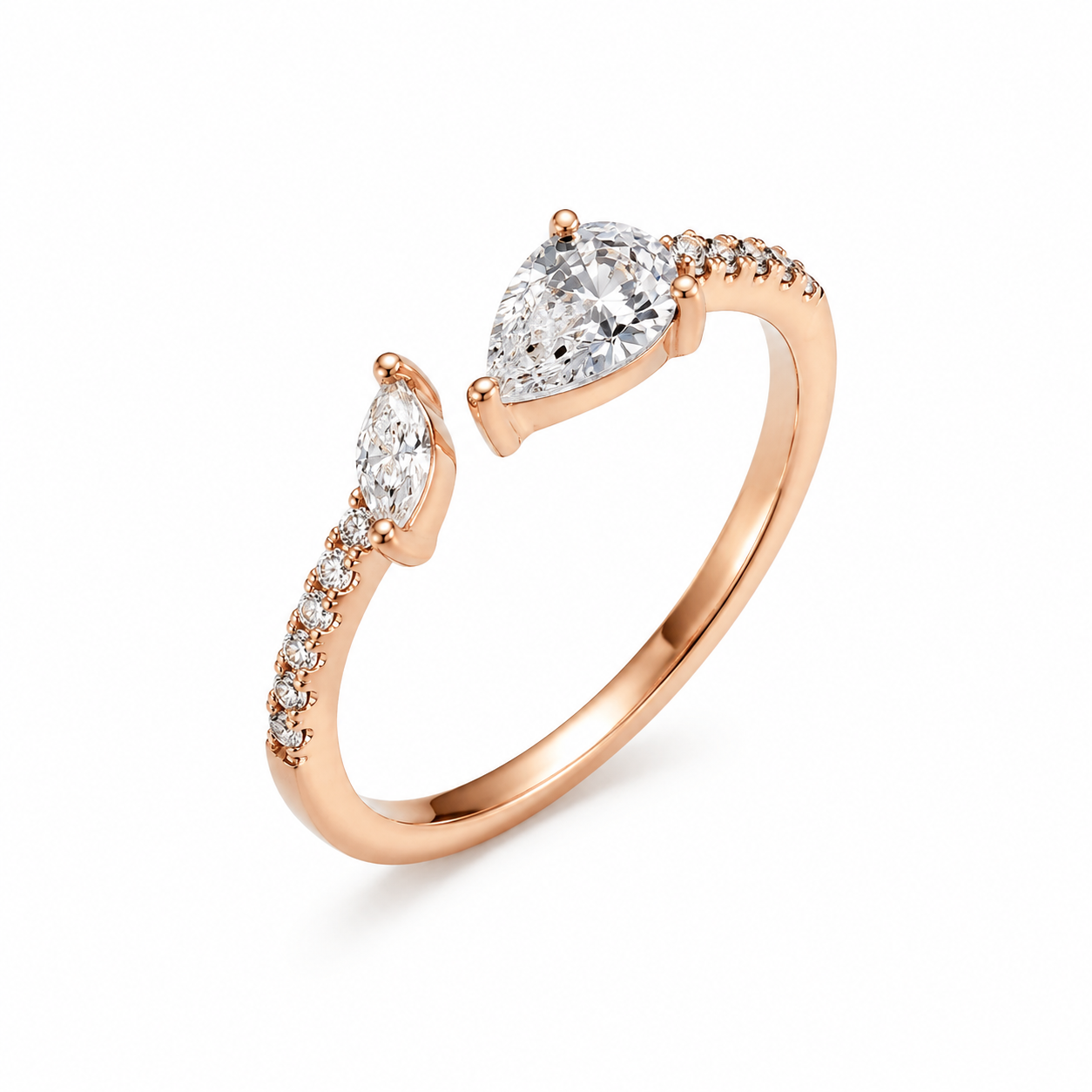 925 Sterling Silver Rose Gold Dual Pear CZ Open Ring