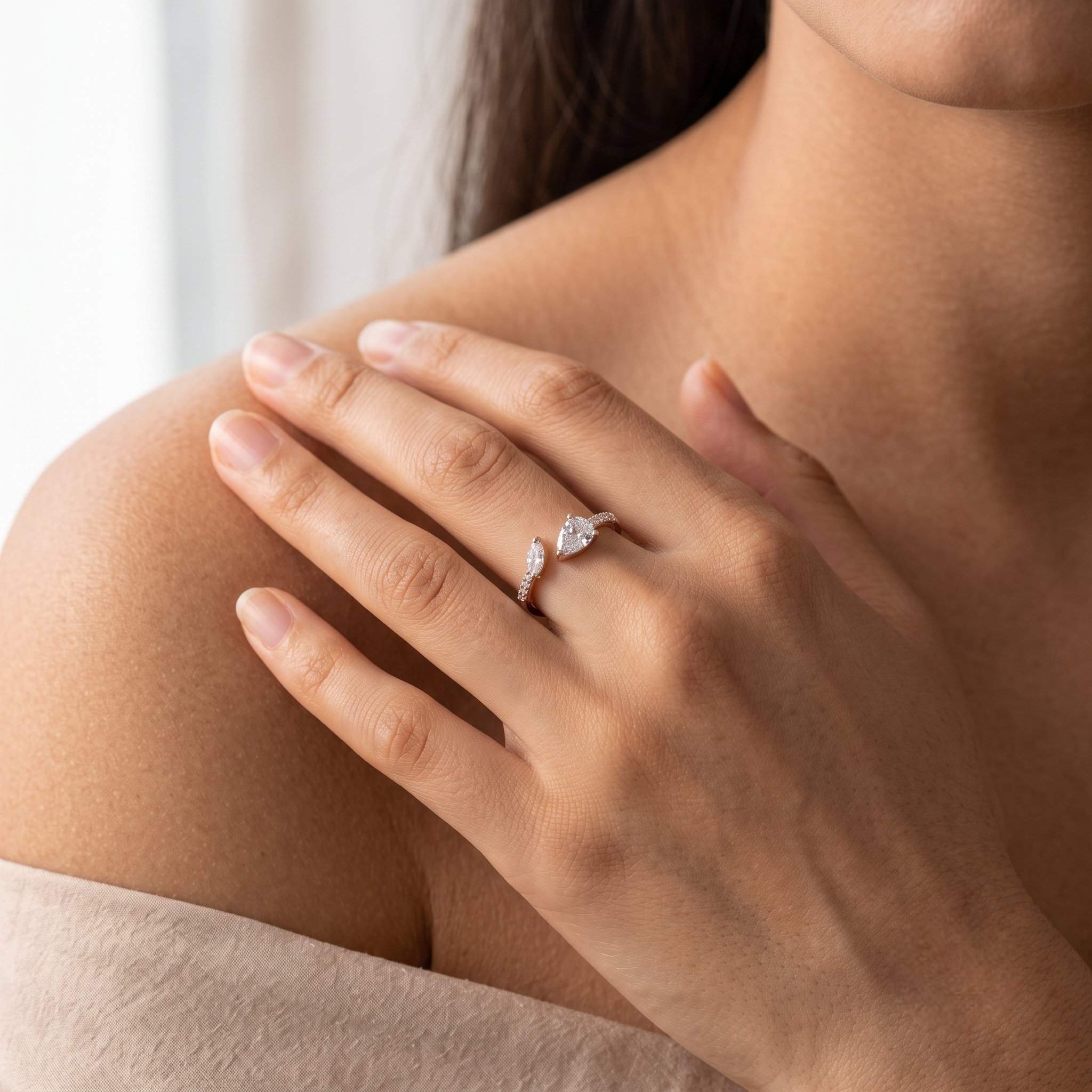 925 Sterling Silver Rose Gold Dual Pear CZ Open Ring