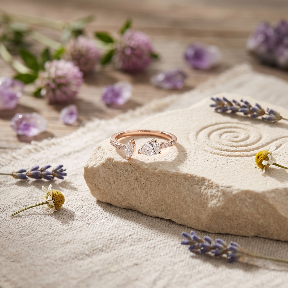 925 Sterling Silver Rose Gold Dual Pear CZ Open Ring