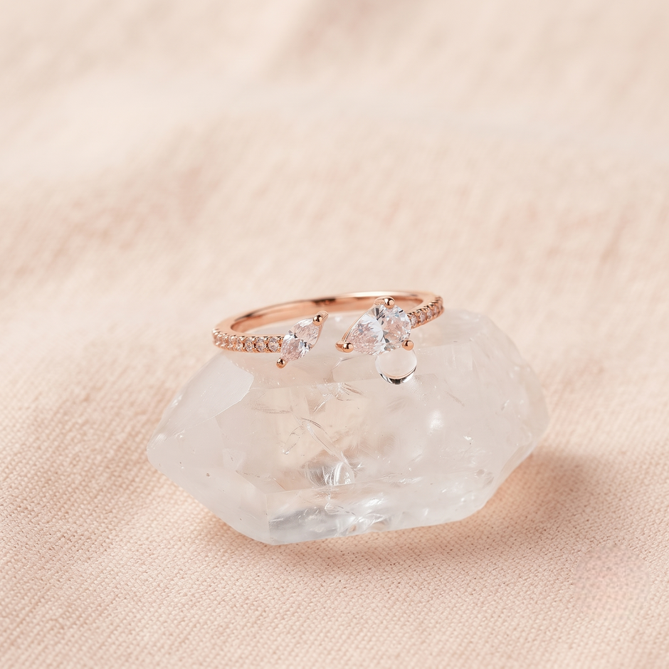 925 Sterling Silver Rose Gold Dual Pear CZ Open Ring